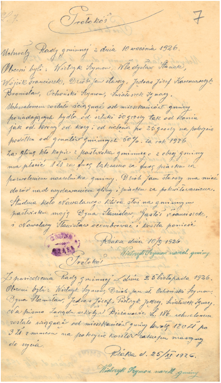 Z powojennej księgi uchwał Rady Gminy Rżąka strona z protokołami z dwóch posiedzeń w 1926 roku
(Archiwum Narodowe w Krakowie, sygn. 29/1077/4, s. 7)