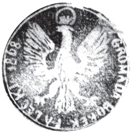 (1868)
Odciski pieczęci urzędowych Borku Fałęckiego
z lat 1868, 1925, 1930 i 1937
(Archiwum Narodowe w Krakowie,
sygn. 29/1078/2, s. 11, 117, 203;
sygn. 29/286/44, s. 26)