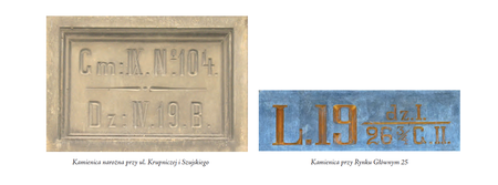 Od 1858 r. obowiązywał w Krakowie nowy podział katastralny, w miejsce 11 gmin katastralnych wprowadzono 8 dzielnic katastralnych. Połączono
to ze zmianą ponumerowania domów w mieście – nowa numeracja poprowadzona została od numeru 1 dla każdej z dzielnic katastralnych
z osobna.
Postanowiono, że na tabliczkach wyrażających liczbę domu, ma być zamieszczona pod liczbą nową, i dawna liczba domu oraz
Gminy […] tablice z nazwami lub liczbami, w każdej z 8miu części Miasta odmiennego będą koloru (vide s. 39). Przedstawione wyżej dwie
tabliczki kamienne dowodzą, że może niezbyt ściśle przestrzegano tego zapisu, jednak czytelne jest, że przy ul. Krupniczej numerowi 104 w Gminie
IX nadano nowy numer 19B ze wskazaniem przynależności do nowej Dzielnicy IV (Piasek), a kamienicy przy Rynku Głównym o dawnym
numerze 263/4 w Gminie II nadano nowe oznaczenie: numer 19 w Dzielnicy I (Miasto właściwe). Co do kolorów tablic z nazwami ulic i numerami
domów, to Magistrat przydzielił je dzielnicom katastralnym w następujący sposób: I Miasto właściwe – tablice białe, II Zamek – tablice różowe,
III Nowy Świat – tablice niebieskie, IV Piasek – tablice żółte, V Kleparz – tablice czerwone, VI Wesoła – tablice zielone, VII Stradom – tablice
fioletowe oraz VIII Kazimierz – tablice pomarańczowe. Na zdjęciach powyżej widzimy zachowane tablice kamienne, jednak co do zasady tablice
były metalowe (cynowe), odpowiednio kolorowane (wedle wymienionego wyżej klucza). O tym, że przestrzegano przyjętej kolorystyki, świadczy treść
pochodzącego z 1877 r. wewnątrzmagistrackiego zapotrzebowania na nowe tablice (Archiwum Narodowe w Krakowie, sygn. Kr 7534, nlb).
Numeracja z roku 1858 i odpowiadające jej tabliczki orientacyjne przetrwały do roku 1881.