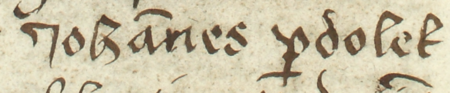 Z księgi miejskiej ławniczej Kleparza obejmującej lata 1499–1528: fragment wpisu z 1509 roku dokumentującego
wybór wójta miasta Kleparza, którym został Jan Perdolek, rajca kleparski – oraz zbliżenie zapisu imienia
(Archiwum Narodowe w Krakowie, sygn. KL 1, s. 139)