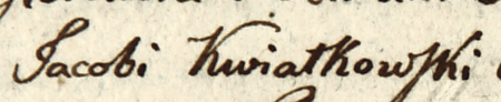 Z księgi inskrypcji Arcybractwa Paskowego św. Augustyna i św. Moniki pod wezwaniem Matki Boskiej Pocieszenia przy
kościele św. Katarzyny w Kazimierzu: fragment wpisu przywołującego sprawę z 1651 roku z udziałem rajców Jakuba Kwiatowskiego
i Macieja Bryskiego (nr 302) występujących w roli starszych tego bractwa – oraz zbliżenie zapisu imienia
(Archiwum Narodowe w Krakowie, sygn. Aug. 446, s. 19)
