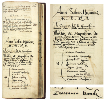 Z księgi radzieckiej obejmującej lata 1540–1542 strona 619 z wykazem rajców urzędujących
nominowanych na rok 1542, wśród których znalazł się Erazm Bank – oraz powiększenie zapisu imienia
(Archiwum Państwowe w Krakowie, sygn. rkps 438, s. 619)