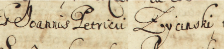 Z księgi radzieckiej Kazimierza obejmującej lata 1669–1675: dokonany w 1669 roku wpis elekcji rajców
urzędujących na tenże rok, z Janem Piotrem Życińskim w składzie – zbliżenie zapisu imienia
(Archiwum Narodowe w Krakowie, sygn. K 43, s. 17)