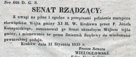 Obwieszczenie Senatu Rządzącego Wolnego Miasta Krakowa opublikowane
w 1835 r., dotyczące powołania Józefa Konopnickiego na urząd wójta
(DzRzWMK 1835, nr 7, s. 25–26)