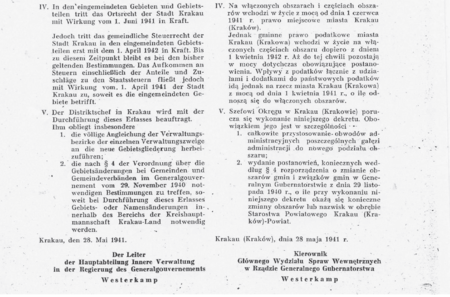 Pełny tekst dekretu z 28 maja 1941 roku kierownika Głównego Wydziału Spraw Wewnętrznych
w Rządzie Generalnego Gubernatorstwa o włączeniach do miasta Krakau (Krakowa), opublikowanego w Dzienniku
Rozporzadzeń dla Generalnego Gubernatorstwa z 1941 roku, Nr 51
(Biblioteka Jagiellońska, sygn. 408042 III)