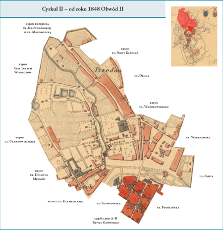Cyrkuł II (od 1848 r. Obwód II) według stanu z końca roku 1838 na przywołanym wcześniej planie miasta z 1836 r. –
dzielnica administracyjna w północnej części miasta. Obejmowała: północny fragment starego miasta w obrębie Plant, od
kościoła Reformatów po ul. Floriańską, północną część Przedmieścia Piasek, od rejonu ulic Dolnych Młynów i Czarnowiejskiej
po ul. Długą i pl. Nowy Kleparz oraz Przedmieście Kleparz, jednak bez jego dawnych północnych i wschodnich jurydyk
(Błonie, Szlak, św. Floriana). Ten cyrkuł–obwód powstał z połączenia dwóch dawnych gmin miejskich Rzeczypospolitej
Krakowskiej, tj. Gminy IV i Gminy VII (por. rozdział poprzedni). Użyte tutaj i przy powyższym planie dzielnicy nazwy
terenowe podano według nazewnictwa obowiązującego aktualnie.