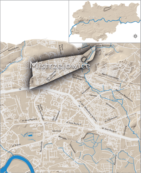 Orientacyjna lokalizacja dawnej wsi Mistrzejowice w obecnych granicach Krakowa – na planie miasta
oznaczono jej położenie w kształcie wyznaczonym granicami jednostki katastralnej, jaką stanowiła,
ze wskazaniem najstarszego, historycznego centrum Mistrzejowic nad rzeką Dłubnią