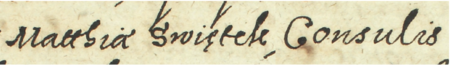 Z księgi wójtowskiej Kleparza obejmującej lata 1611–1617: fragment wpisu z 1615 roku
dotyczącego sprawy pobicia Katarzyny, wdowy po Macieju Świętku, kamieniarzu, rajcy kleparskim,
przez aktualnego jej męża, rajcę Jana Kaszubę (nr 117) – zbliżenie zapisu imienia i urzędu
(Archiwum Narodowe w Krakowie, sygn. KL 10, s. 607)