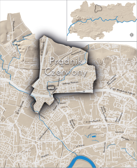 Orientacyjna lokalizacja dawnej wsi Prądnik Czerwony w obecnych granicach Krakowa – na planie miasta
oznaczono jej położenie w kształcie wyznaczonym granicami jednostki katastralnej, jaką stanowiła, ze wskazaniem
najstarszego, historycznego centrum Prądnika Czerwonego w rejonie dzisiejszej ulicy Dobrego Pasterza