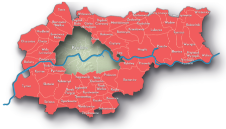Na planie zakreślającym dzisiejsze granice Krakowa miejscowości przyłączone do Krakowa po 1915 roku,
oznaczone kolorem czerwonym określającym dla lat 1920–1929 ich przynależność do województwa krakowskiego
w ramach podziału terytorialnego II Rzeczypospolitej