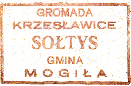 (1946)
Odciski pieczęci urzędowych Krzesławic
z lat 1830, 1867, 1925 i 1946
(Archiwum Narodowe w Krakowie,
sygn. 29/455/308, nlb.;
sygn. WMK XIV-80, s. 2078;
sygn. PUZKr 51, nlb.; sygn. 29/1080/11, s. 83)