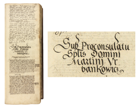 Z księgi radzieckiej obejmującej lata 1575–1580 strona 69 z nagłówkiem otwierającym wpis spraw
za kadencji burmistrzowskiej Marcina Urbankowicza w 1575 roku – oraz powiększenie zapisu imienia i funkcji burmistrza
(Archiwum Państwowe w Krakowie, sygn. rkps 447, s. 69)