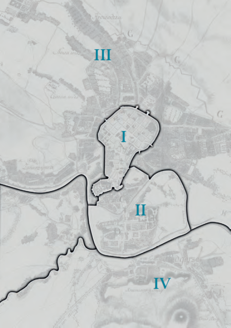 Plan konturowy podziału na gminy w latach 1811–1815 na podkładzie
planu miasta przedstawionego w pełnym kształcie na s. 320