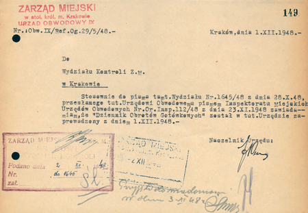 Z magistrackich Akt kontroli miejskich urzędów obwodowych w Krakowie 1946–1950 sporządzone
w 1948 r. przez naczelnika Franciszka Puca wyjaśnienie związane z wynikami wcześniejszej kontroli
(Archiwum Narodowe w Krakowie, sygn. 29-699-683, nlb)