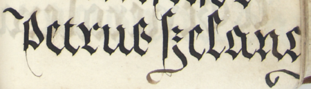Z księgi radzieckiej Kazimierza obejmującej lata 1481–1508: fragment wpisu dokumentującego
wybór rady urzędującej na rok 1503, z Piotrem Szelągiem w składzie – oraz zbliżenie zapisu imienia
(Archiwum Narodowe w Krakowie, sygn. K 7, s. 452–453)