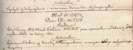 Z sentencjonarza obrad Senatu Rządzącego Wolnego Miasta Krakowa wpis z 1819 r. dotyczący wójta Pawła Bieleckiego
(Archiwum Narodowe w Krakowie, sygn. WMK IV-6, s. 195)