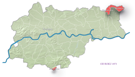 Ciag dalszy ze strony poprzedniej: na planie obrazującym dzisiejsze granice Krakowa miejscowości przyłączone do Krakowa
po 1915 roku, oznaczone kolorem czerwonym określającym ich przynależność w latach 1945–1985 do województwa
krakowskiego, w latach 1975–1984 województwa miejskiego krakowskiego – w Polskiej Rzeczypospolitej Ludowej