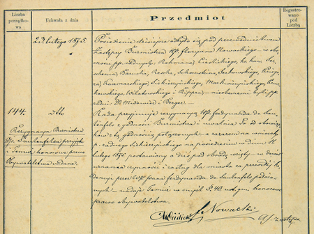 Z księgi uchwał rady gminnej miasta Podgórza obejmującej lata 1874–1886: wpis uchwały z 23 lutego 1875 roku w sprawie
przyjęcia rezygnacji Ferdynanda Seelinga de Saulenfels z urzędu burmistrza oraz nadania mu godności honorowego obywatela
miasta Podgórza (Archiwum Narodowe w Krakowie, sygn. P 6, s. 56)