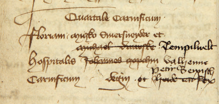 Z najstarszej księgi radzieckiej Krakowa z lat 1392–1411 wpis z 1396 r. dotyczący ustanowienia starszych dla Kwartału
Rzeźniczego. Wpis ten zawiera dwa składy starszych: pierwotny z 1396 r. oraz późniejszy, uwidoczniony skreśleniami
i dopiskami uczynionymi w całym dokumencie dla wszystkich kwartałów jedną ręką, w jednym czasie, zatem
dokonanymi po zmianach personalnych, które musiały mieć miejsce po roku 1396 – stąd powyżej dwa składy.
Jednocześnie wpis ten jest fragmentem najstarszego zachowanego zapisu o istnieniu w Krakowie podziału miasta na kwartały
(Archiwum Narodowe w Krakowie, sygn. rkps 427, s. 68)