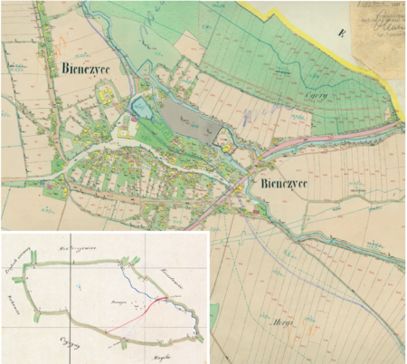 Centrum Bieńczyc na mapie katastralnej sporządzonej dla gminy katastralnej Bieńczyce w 1850 roku oraz pochodzący
z lat 1847–1848 plan sytuacyjny z wyrysowanymi granicami gminy Bieńczyce i lokalizacją gmin sąsiadujących
(Archiwum Narodowe w Krakowie, sygn. K. Krak. 24-IV, V; sygn. WM 562, s. 237)