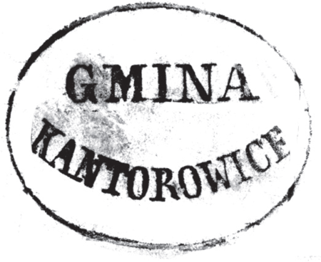 (1865)
Odciski wspólnej pieczęci Zesławic, Dłubni
i Kantorowic z 1836 roku oraz pieczęci urzędowych
Kantorowic z lat 1865, 1920 i 1946
(Archiwum Narodowe w Krakowie,
sygn. WMK IX-38, nlb.; sygn. T.Schn. 721, nlb.;
sygn. PUZKr 50, nlb.; sygn. UW II 391, s. 439)