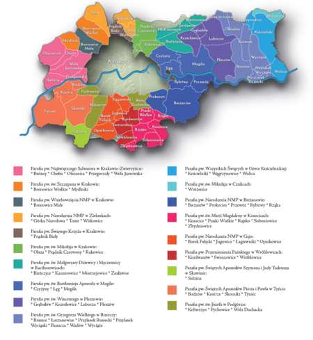 Na planie obrazującym dzisiejsze granice Krakowa miejscowości przyłączone do Krakowa po 1915 roku,
oznaczone kolorami określającymi ich historyczną przynależność parafialną według stanu z roku 1900