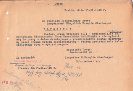 W latach stalinowskich, tak jak i inni obywatele, również i pracownicy komisariatów obwodowych czasem znikali.
Tak zaginął 7 stycznia 1947 r. urzędnik Obwodu VIII, który odnalazł się po 10 dniach.
Zniknął również 15 listopada następnego roku, także i wtedy udało mu się powrócić
(Archiwum Zakładowe Urzędu Miasta Krakowa, sygn. spis 3749/397)