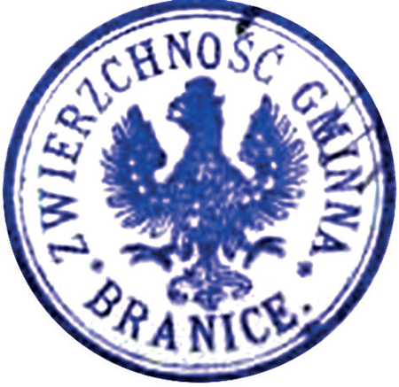 (1906)
Odciski pieczęci urzędowych Branic
z lat 1860, 1906, 1927 i 1949
(Archiwum Narodowe w Krakowie,
sygn. 29/456/195, nlb.; sygn. PUZKr 45,
s. 28; sygn. 29/205/69a, nlb.;
sygn. Gm. Ru. 13, s. 533)