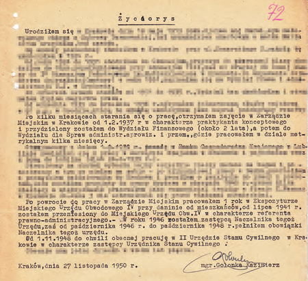 Z akt Zarządu Miejskiego w Krakowie dokument z 1950 r.
zwierającego przebieg pracy zawodowej Kazimierza Golonki
(Archiwum Zakładowe Urzędu Miasta Krakowa)