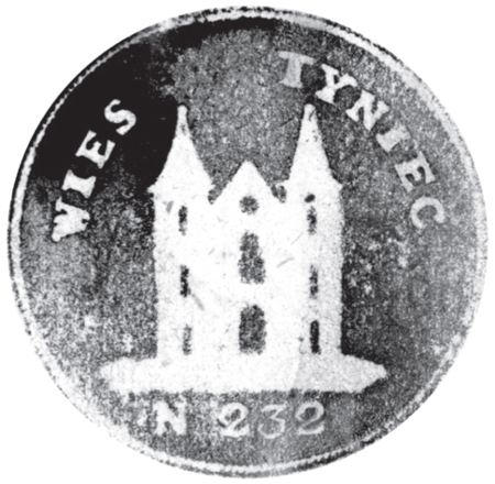 (1847)
Odciski pieczęci urzędowych Tyńca z lat
1820, 1847, 1927 i 1949
(CPAHU we Lwowie, sygn. fond 20, opis 1,
sprawa 264; Archiwum Narodowe w Krakowie,
sygn. WM 563a, nlb.;
sygn. PUZKr 59, nlb.; sygn. Gm. Skw. 23, s. 495)