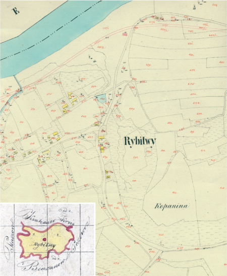 Centrum Rybitw na mapie katastralnej sporządzonej dla gminy katastralnej Rybitwy w 1849 roku oraz pochodzący
z 1847 roku plan sytuacyjny z wyrysowanymi granicami gminy Rybitwy oraz lokalizacją gmin sąsiadujących
(Archiwum Narodowe w Krakowie, sygn. K. Krak. 537; sygn. 29/280/1419, k. 1)