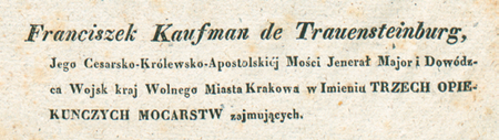 Podpis pod obwieszczeniem z 17 lutego 1836 roku w sprawie władzy wojskowej (Biblioteka Jagiellońska, sygn. 15556 III Rara, s. 18)