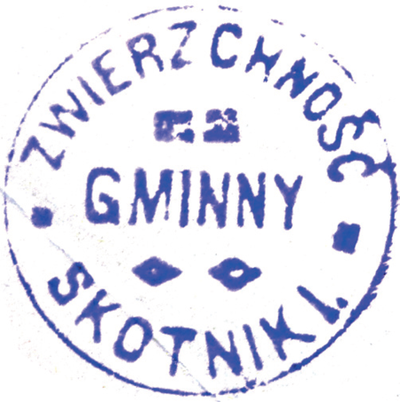 (1907)
Odciski pieczęci urzędowych Skotnik z lat
1862, 1907 i 1939 oraz odcisk pieczęci
dominium skotnickiego z 1845 roku
(Archiwum Narodowe w Krakowie,
sygn. 29/198/11, nlb.;
sygn. 29/206/327, nlb.; Archiwum
Opactwa Benedyktynów w Tyńcu,
sygn. 5/1/4/7; sygn. 5/2/6/1)