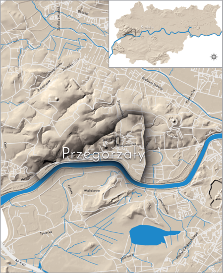 Orientacyjna lokalizacja dawnej wsi Przegorzały w obecnych granicach Krakowa – na planie miasta oznaczono jej położenie
w kształcie wyznaczonym granicami jednostki katastralnej, jaką stanowiła, ze wskazaniem najstarszego, historycznego
centrum Przegorzał w rejonie dzisiejszych ulic Jodłowej i Przegorzalskiej