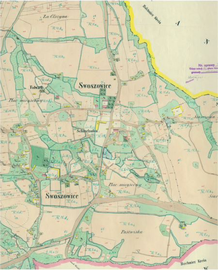 Centrum Swoszowic na mapie katastralnej sporządzonej dla gminy katastralnej Swoszowice w 1848 roku
(Archiwum Narodowe w Krakowie, sygn. K. Krak. 606 II, IV)