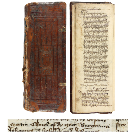 Z księgi testamentów obejmującej lata 1427–1623 przód okładziny i strona 12 z wpisem z 1448 roku, stwierdzającym,
że Piotr Aychler złożył zeznanie testamentowe przed rajcami Marcinem Chmielem, wówczas burmistrzem, Janem Teschnerem
(nr 216) oraz Janem Piczczinem (nr 221) – oraz powiększenie zapisu imienia i funkcji burmistrzowskiej
(Archiwum Państwowe w Krakowie, sygn. rkps 772, s. 12)