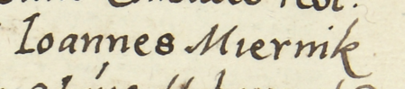 Z księgi radzieckiej Kazimierza obejmującej lata 1565–1569: fragment wpisu dokumentującego
wybór rady urzędującej na rok 1568, z Janem Miernikiem w składzie – zbliżenie zapisu imienia
(Archiwum Narodowe w Krakowie, sygn. K 15, s. 775)