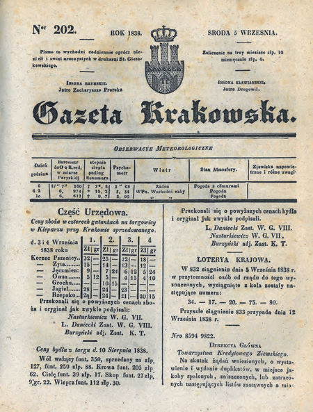Strona tytułowa wydawanego w latach 1794–1849 w Krakowie dziennika
„Gazeta Krakowska” (nr 219 z 1838 r.), gdzie znajdują się dwa urzędowe ogłoszenia
sygnowane m.in. przez p.o. wójta Ludwika Danieckiego