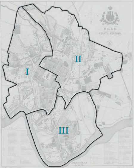 Plan konturowy podziału na obwody w latach 1855–1910
według stanu na rok 1855 na podkładzie planu miasta
przedstawionego w pełnym kształcie na s. 434
