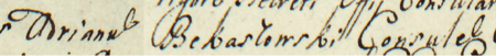 Z kleparskiej księgi wójtowsko-ławniczej obejmującej lata 1720–1728: początkowy fragment wpisu z 1721 roku
dokumentującego stawienie się przed urzędem wójtowsko-ławniczym rajcy Adriana Bekaszowskiego wraz z żoną Klarą
w sprawie majątkowej – oraz zbliżenie zapisu imienia i urzędu (Archiwum Narodowe w Krakowie, sygn. KL 17, s. 26)