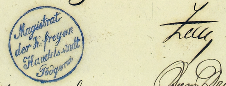 Z akt Wydziału Miejskiego Podgórza: pismo z 4 listopada 1857 roku zawiadamiające o zebraniu Wydziału, podpisane
przez Józefa Zolla. Kolejne podpisy poświadczają zapoznanie się z treścią pisma przez członków Wydziału – oraz powiększenie
podpisu i pieczęci Magistratu Królewskiego Wolnego Podgórza (Archiwum Narodowe w Krakowie, sygn. P 4, s. 111)