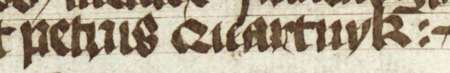 Z księgi radzieckiej Kazimierza obejmującej lata 1416–1433: fragment wpisu dokumentującego wybór rajców na rok 1428,
z Piotrem Kwartnikiem w składzie – oraz zbliżenie zapisu imienia (Biblioteka Jagiellońska, sygn. rkps 1045/2, k. 178)