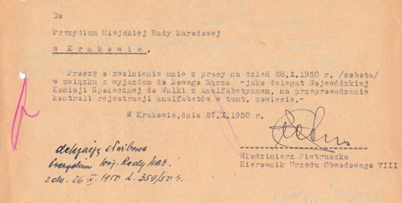 Z akt magistrackich przedłożony w 1950 r. wniosek kierownika Stanisława Pietruszki
o udzielenie jednodniowego urlopu
(Archiwum Zakładowe Urzędu Miasta Krakowa)