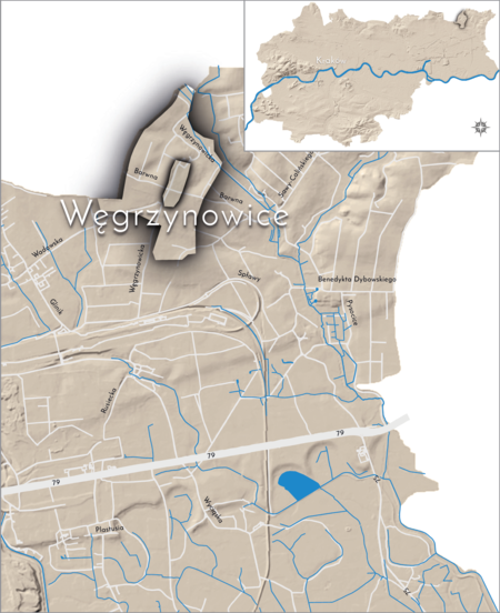 Orientacyjna lokalizacja dawnej wsi Węgrzynowice w obecnych granicach Krakowa – na planie miasta oznaczono
jej położenie w kształcie wyznaczonym granicami jednostki katastralnej, jaką stanowiła, ze wskazaniem
najstarszego, historycznego centrum Węgrzynowic w rejonie dzisiejszej ulicy Węgrzynowickiej