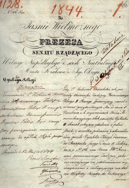 Z akt Wolnego Miasta Krakowa dokument z 1844 r. – pismo dyrektora policji do prezesa Senatu
Rządzącego w sprawie awansowania komisarza cyrkułowego Fortunata Chorubskiego z rangi
zastępcy komisarza policji do rangi komisarza policji
(Archiwum Narodowe w Krakowie, sygn. WMK III-47, s. 935)