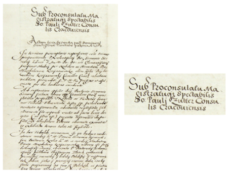 Z księgi radzieckiej obejmującej lata 1581–1584 fragment strony 366 z nagłówkiem otwierającym wpisy spraw prowadzonych
za kadencji burmistrzowskiej Pawła Zuttera w 1583 roku – oraz powiększenie zapisu imienia i funkcji burmistrza
(Archiwum Państwowe w Krakowie, sygn. rkps 448, s. 366)