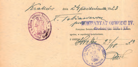 Z akt Starostwa Grodzkiego Krakowskiego Świadectwa moralności i niekaralności 1923–1936
fragment świadectwa ubóstwa wystawionego w 1923 r., na którym widnieje poświadczenie
sygnowane przez komisarza Mariana Parę
(Archiwum Narodowe w Krakowie, sygn. StGKr 545, nlb)