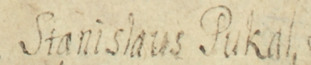Początkowe strony kopii dokumentu wydanego w 1698 roku w Krakowie, w którym August II Mocny zatwierdził
wcześniej dokumenty dotyczące cechu kuśnierzy kazimierskich, w tym akt Stefana Batorego z 1581 roku potwierdzający
przywileje i statuty cechu kuśnierzy kazimierskich i stradomskich, wśród nich statut tego cechu zatwierdzony w 1580 roku
przez kazimierską radę miejską, ze Stanisławem Pukalem w składzie – oraz zbliżenie zapisu imienia
(Archiwum Narodowe w Krakowie, sygn. DD 235)