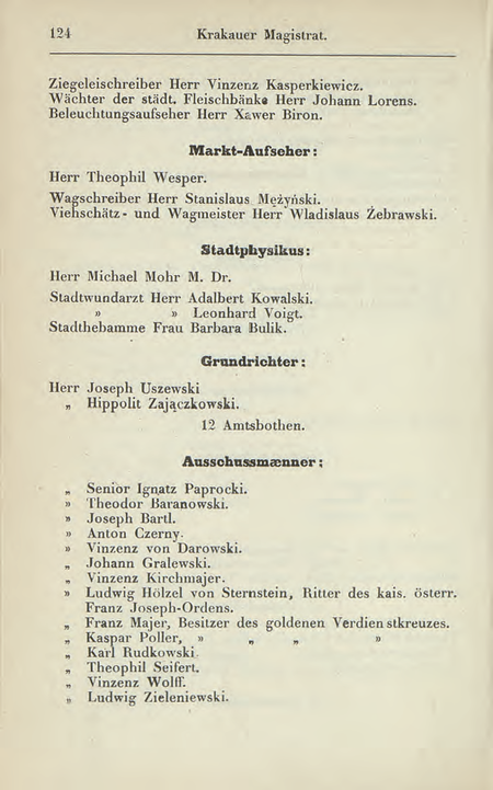 Z rocznika tzw. Szematyzmu galicyjskiego z roku 1856
zawierającego dane z roku 1855 strona tytułowa i strona z wykazem komisarzy obwodowych
krakowskiego Magistratu; wśród nich p.o. komisarz Józef Uszewski
(Szematyzm 1856, s. tytułowa, s. 124)