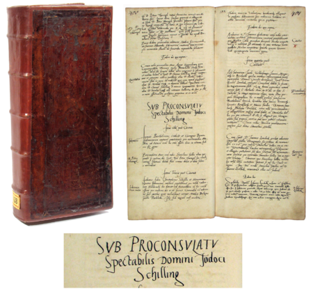 Z księgi radzieckiej obejmującej wpisy z lat 1540–1542 przód oprawy księgi i strony 400–401 dotyczące roku 1541
z nagłówkiem otwierającym wpisy spraw dziejących się za kadencji burmistrzowskiej Jodoka Schillinga –
oraz powiększenie zapisu imienia i funkcji burmistrza (Archiwum Państwowe w Krakowie, sygn. rkps 438, s. 400–401)